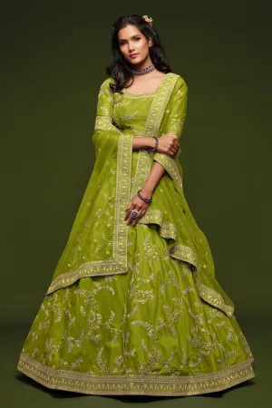 Beautiful Neon Green Thread Embroidered Silk Wedding Wear Lehenga Choli