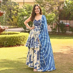 Beautiful Printed Blue and White Color Palazzo Suit