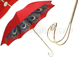 Beautiful Red  Women's Umbrella with Printed Peacock Design