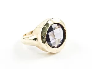 Beautiful Round Center Gray Color CZ Brush Finish Design Gold Tone Brass Ring