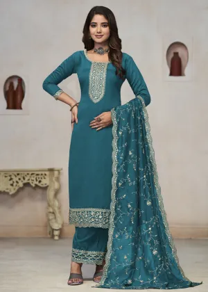 Beautiful Turquoise Vichitra Silk Fancy Salwar Suit