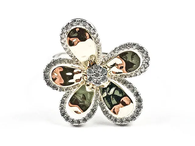 Beautiful Unique Two Tone Flower Shape Shiny Metallic & CZ Silver Ring