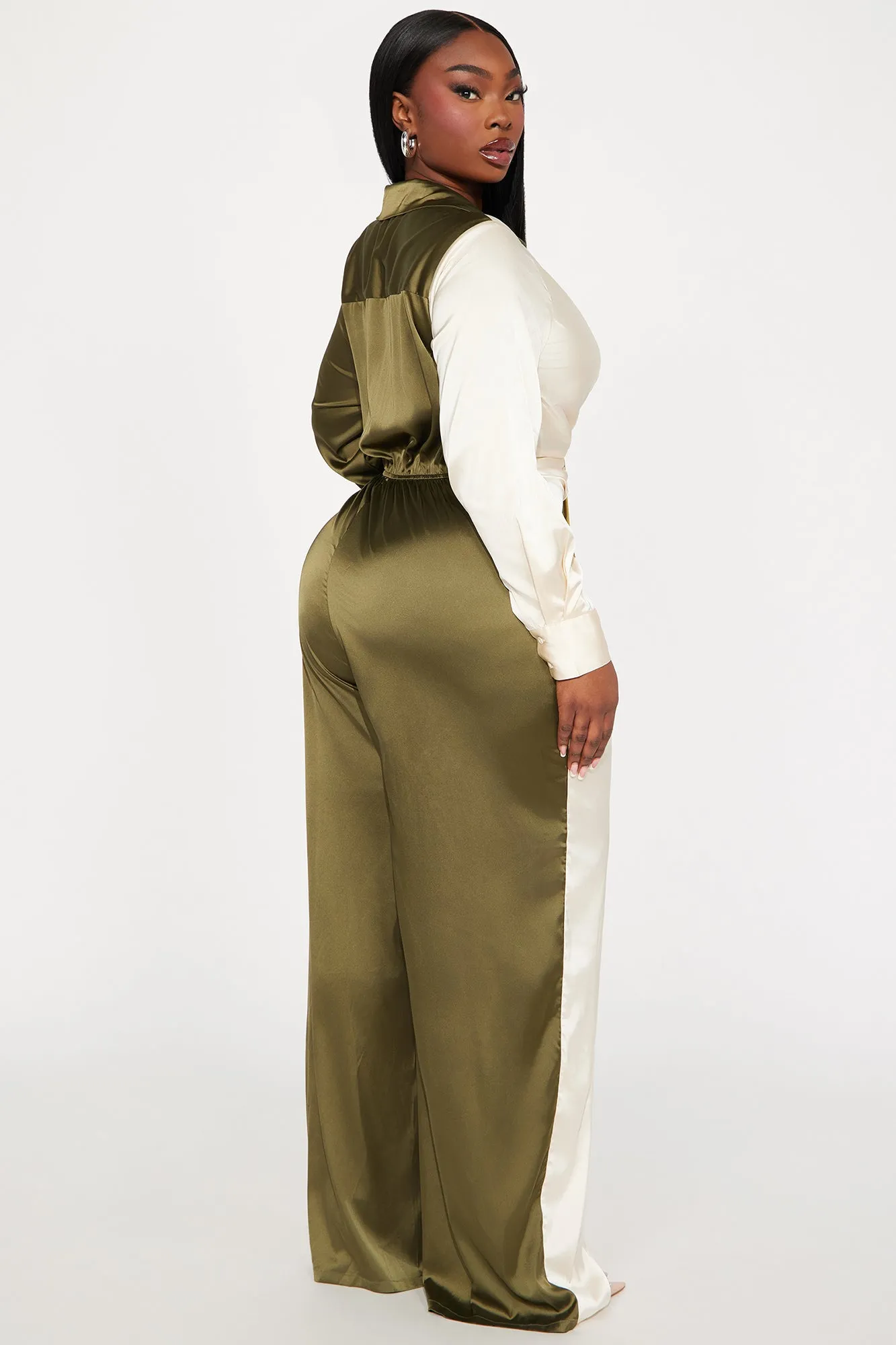 Beauty In A Bottle Satin Jumpsuit - Olive/combo