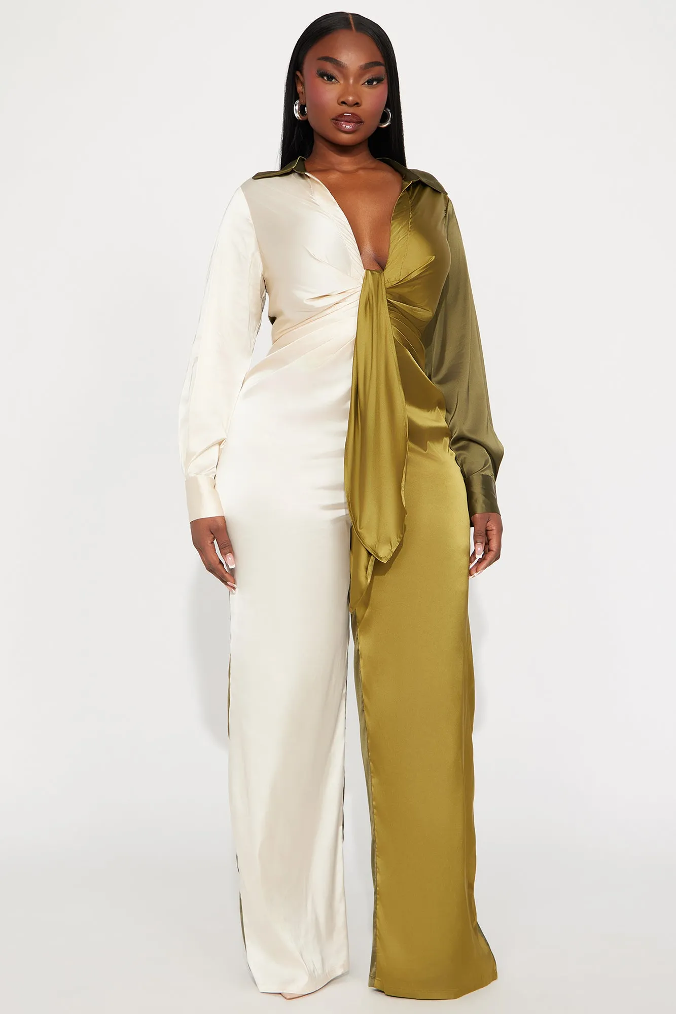 Beauty In A Bottle Satin Jumpsuit - Olive/combo