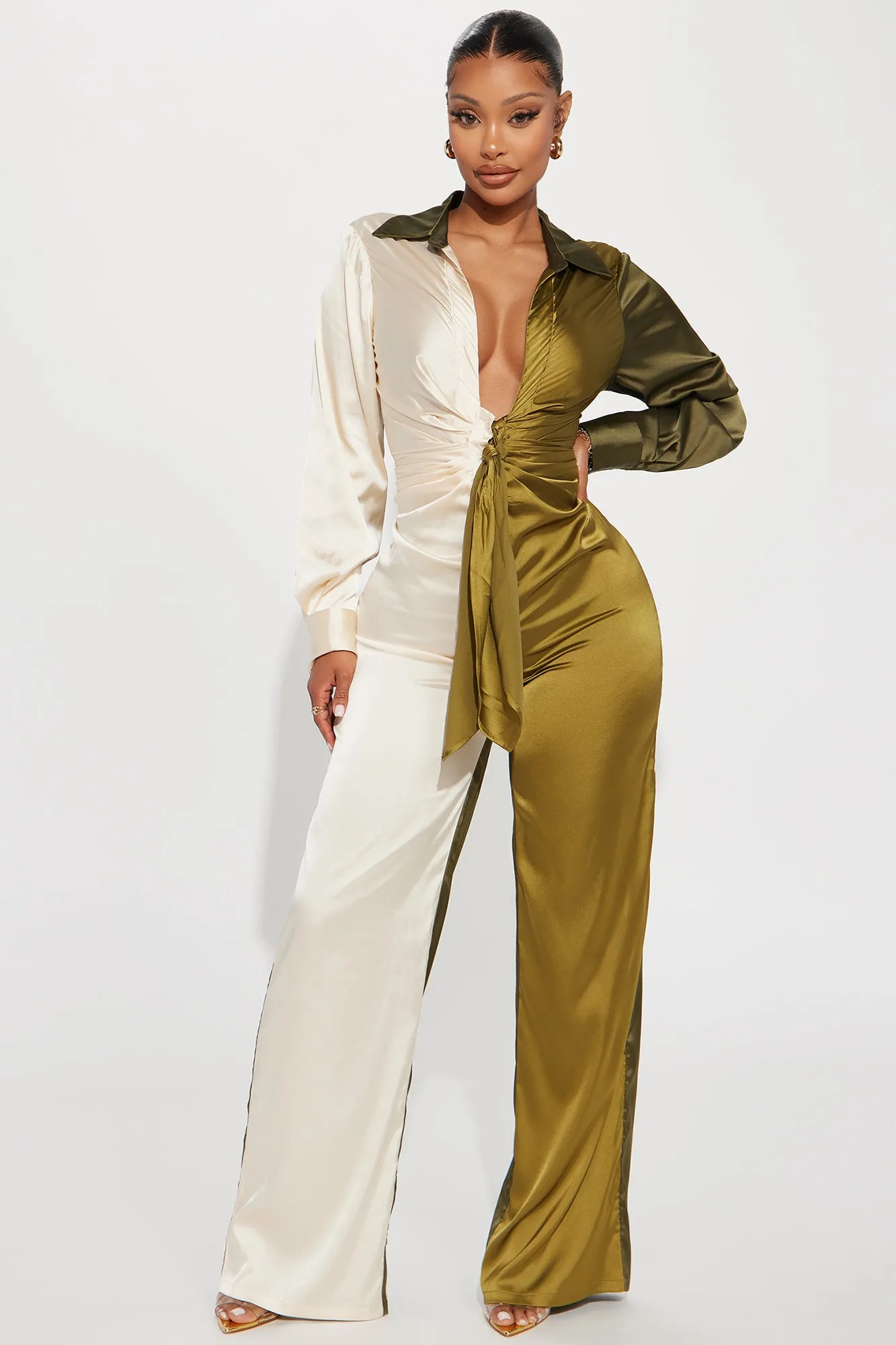 Beauty In A Bottle Satin Jumpsuit - Olive/combo