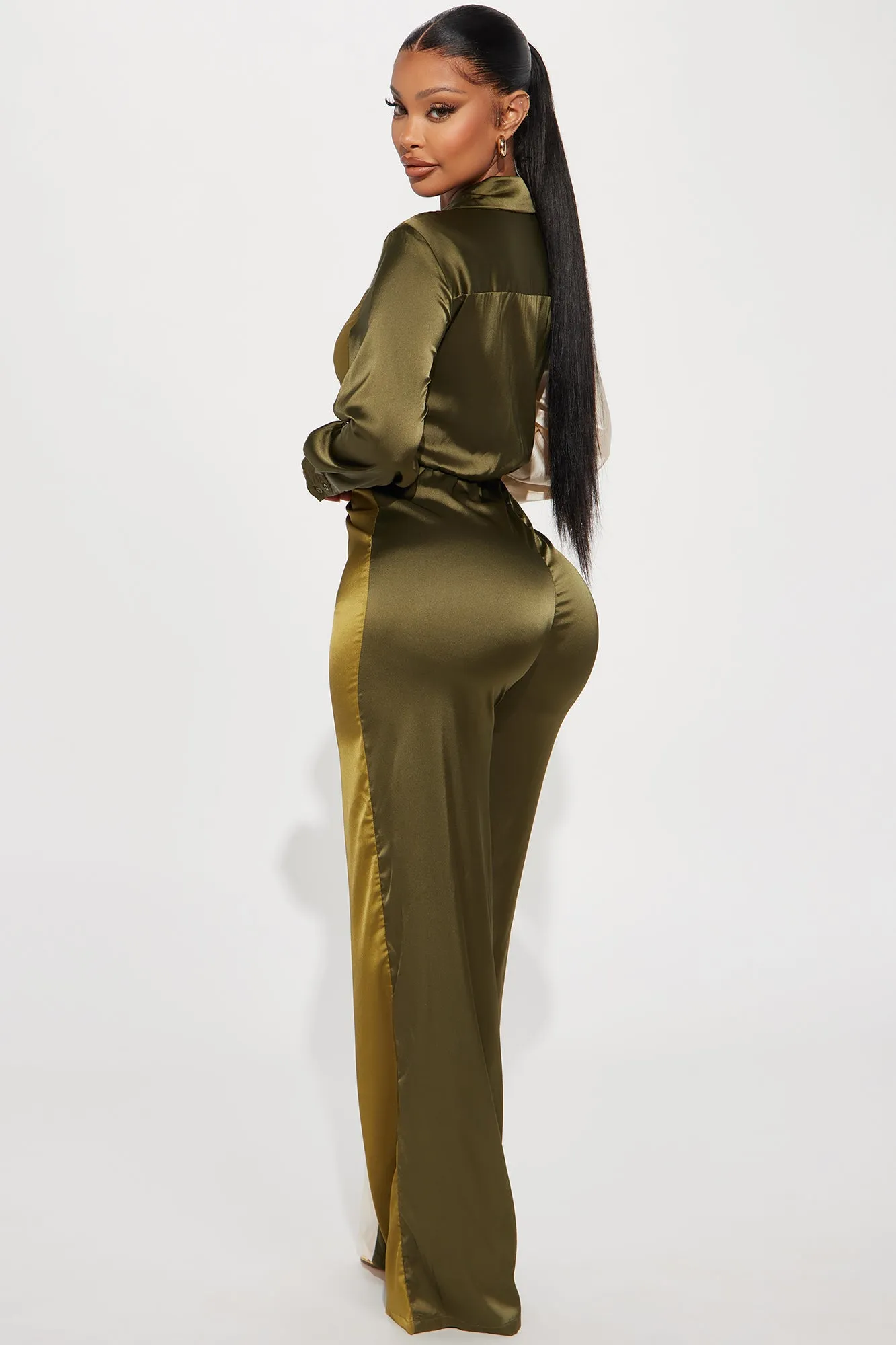 Beauty In A Bottle Satin Jumpsuit - Olive/combo