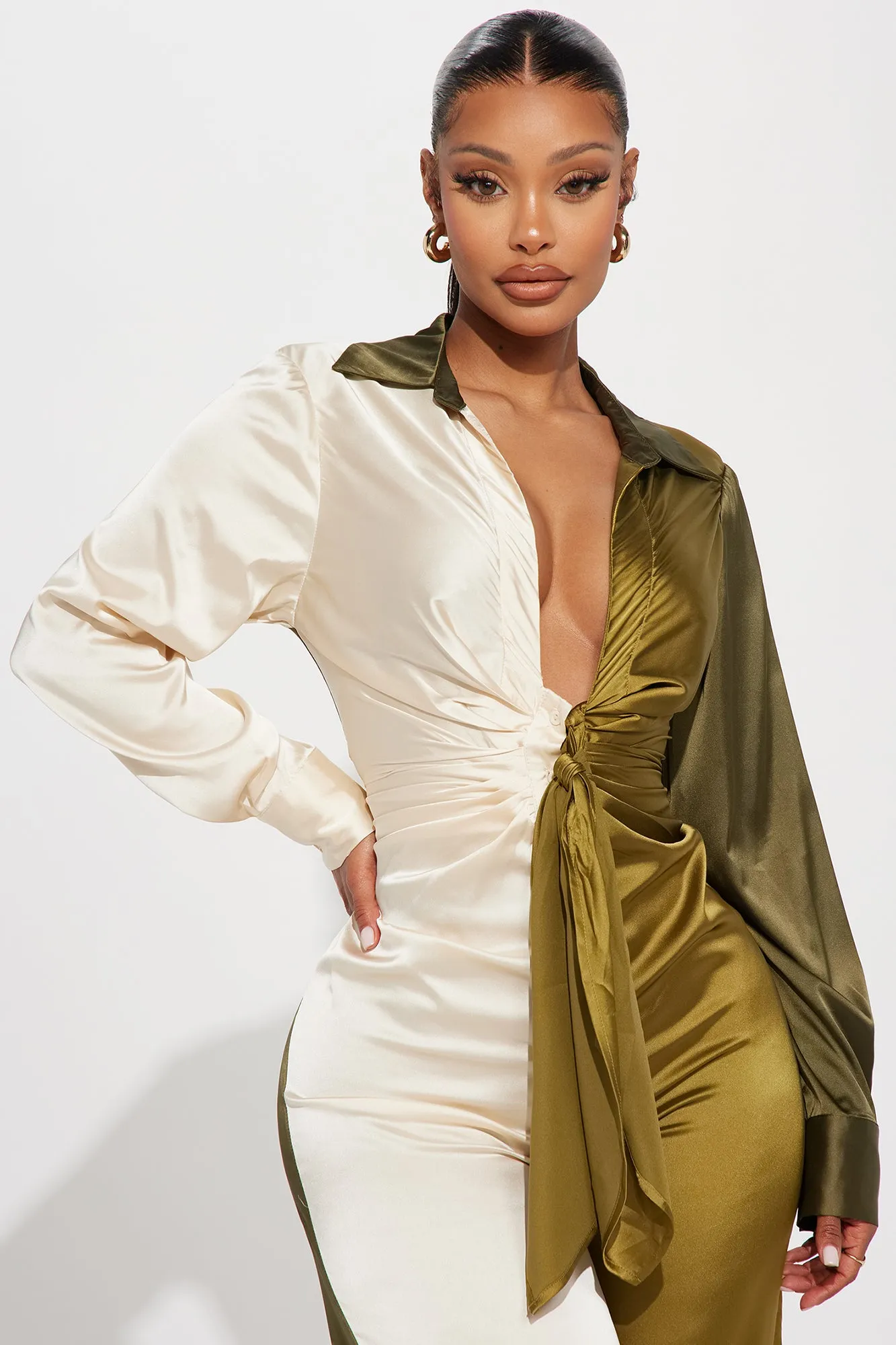 Beauty In A Bottle Satin Jumpsuit - Olive/combo