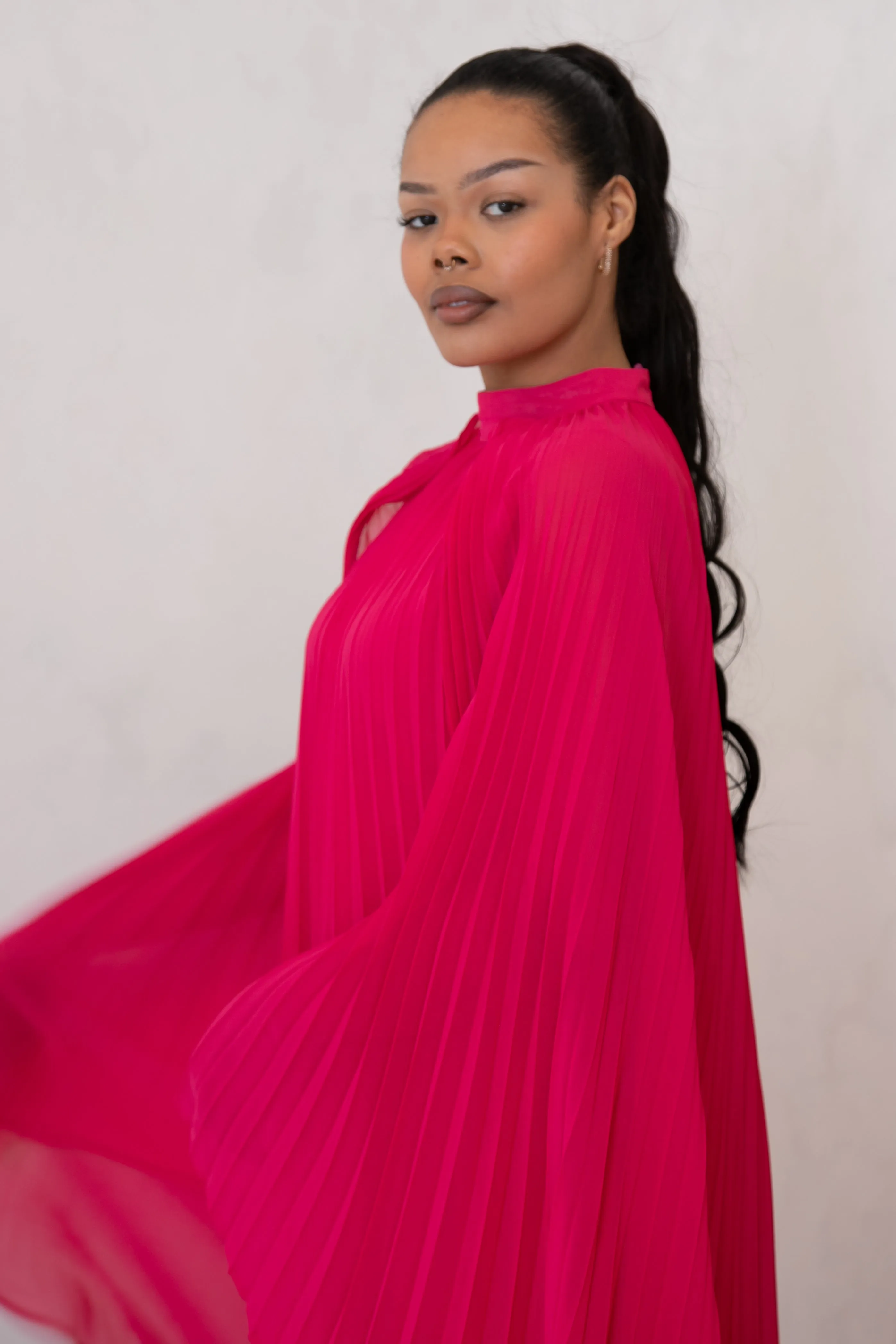 BEAUTY PLEATED LONG DRESS  - FUSCHIA PINK