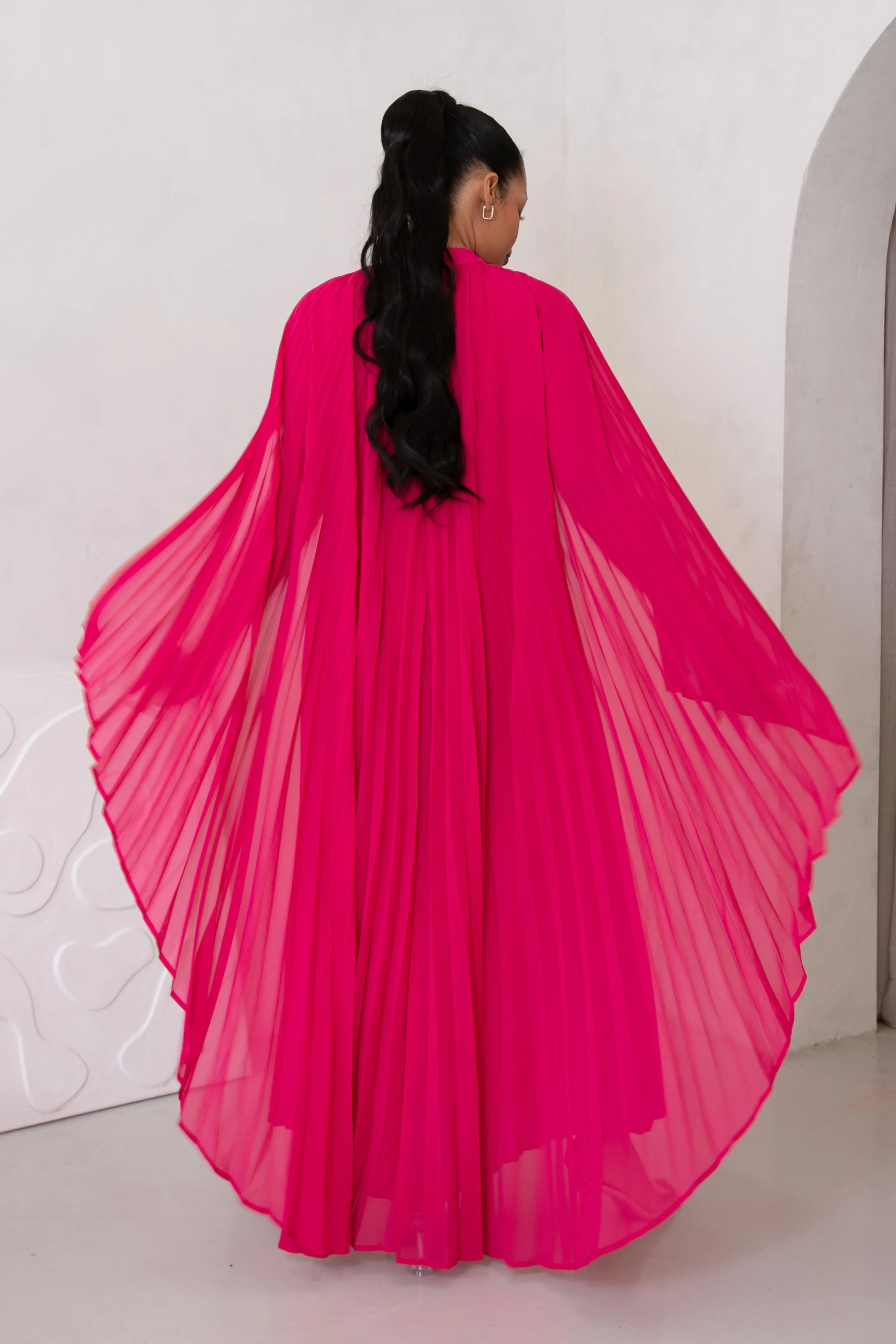 BEAUTY PLEATED LONG DRESS  - FUSCHIA PINK