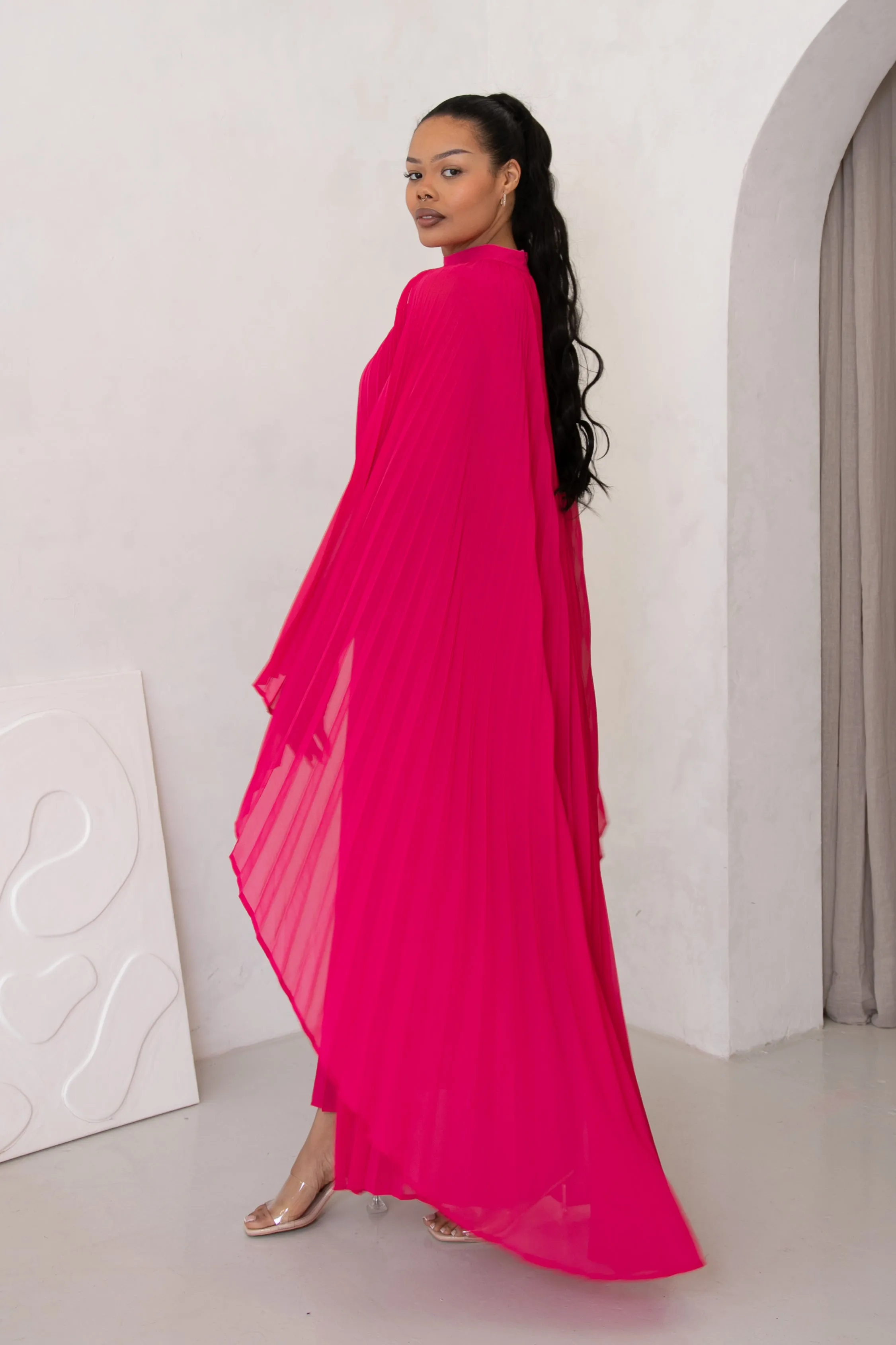 BEAUTY PLEATED LONG DRESS  - FUSCHIA PINK