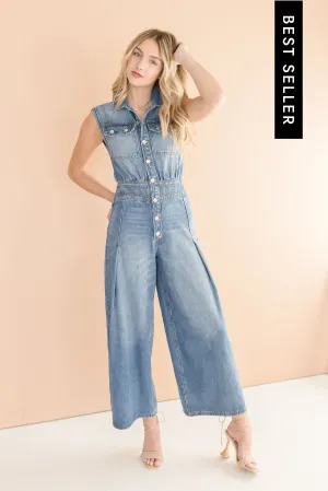 Becca Sleeveless Button Down Denim Jumpsuit Medium Wash