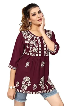 Bee M Pee Designer Women's Cotton Blend Empire Embroidered Short Kurta (RD Kurti Tokio Maroon_L-New_Maroon_Large)