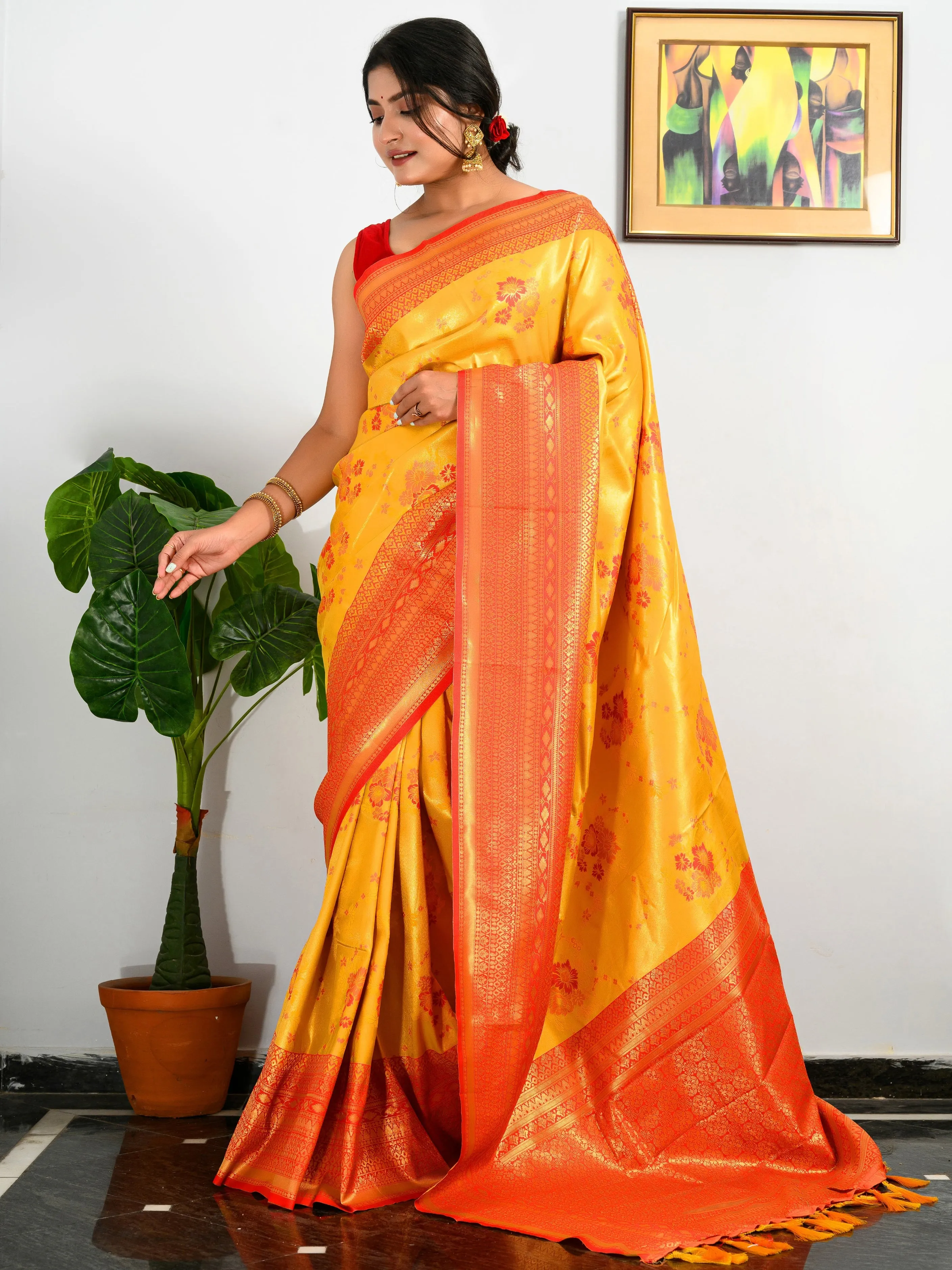 Bee Yellow Saree in Pure Kanjeevaram Silk