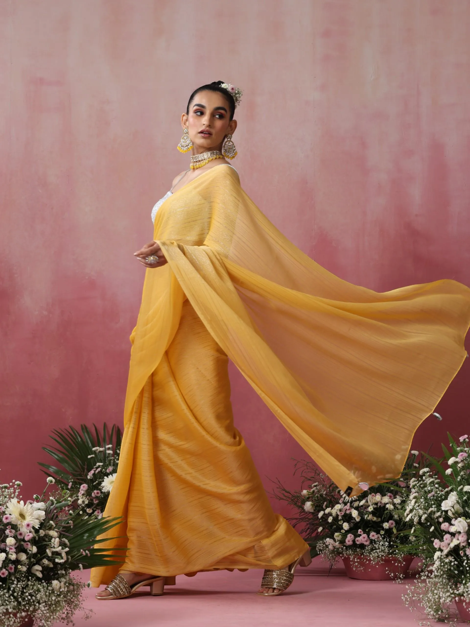 Bee Yellow Stripe Chiffon Saree with Pendants