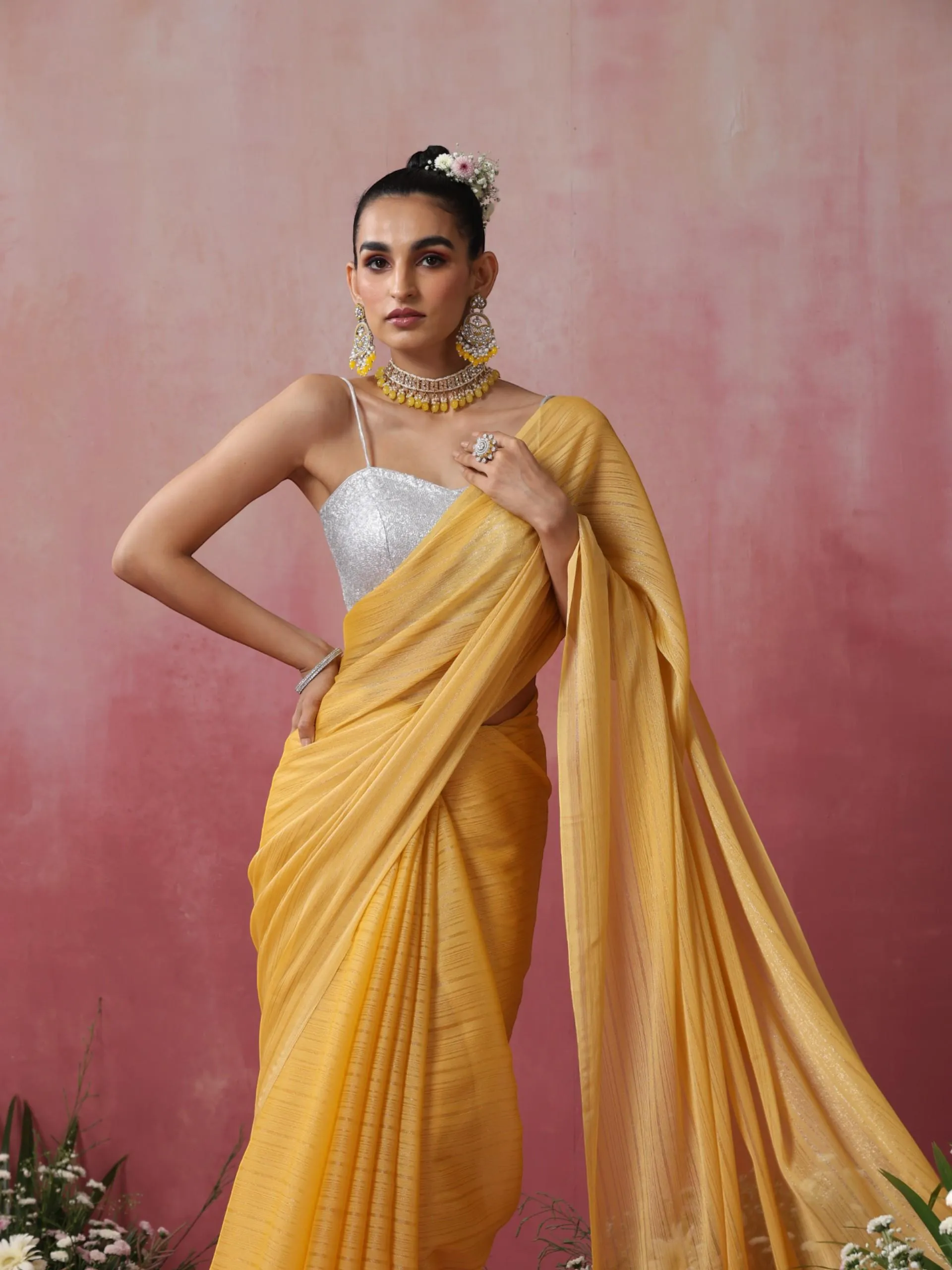 Bee Yellow Stripe Chiffon Saree with Pendants