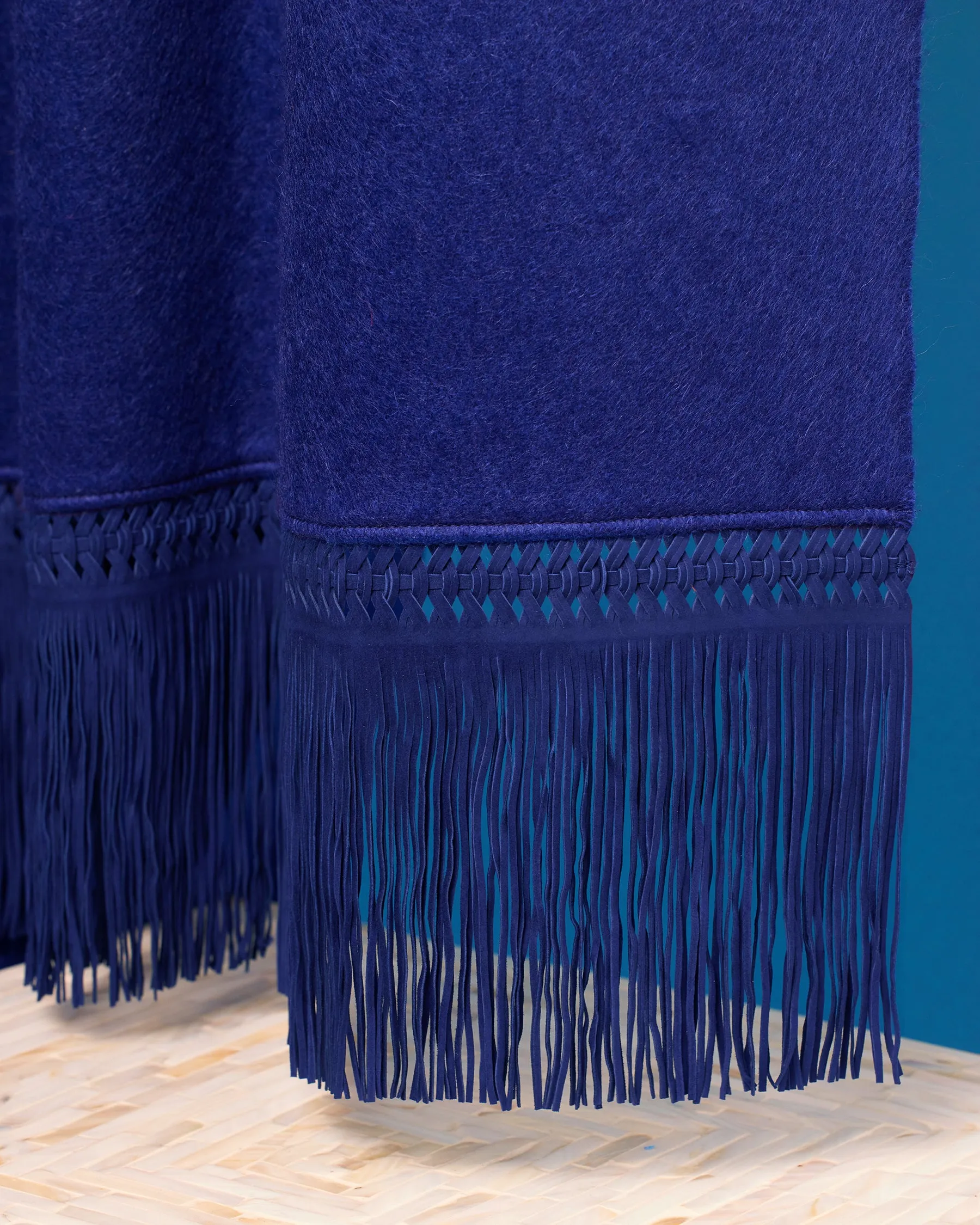 Begoña & Co Cashpiel Navy Shawl with Suede Leather Fringe