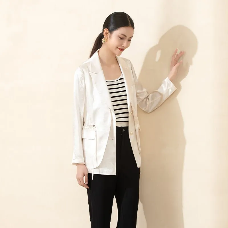 Beige Acetate Drawstring Waist Casual Blazer