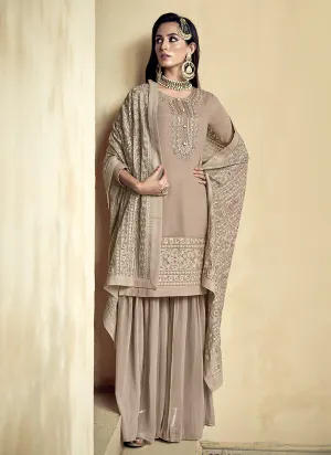 Beige Allover Embroidered Designer Sharara Suit