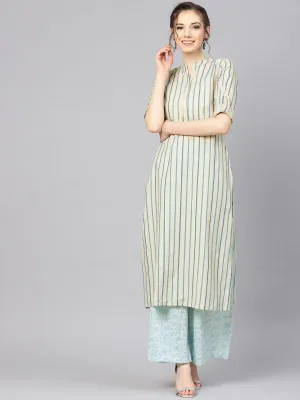 Beige & Blue Striped Kurta with Palazzos