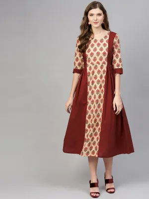 Beige & Maroon Printed Panel Dress With Round Neck & Half Sleeves