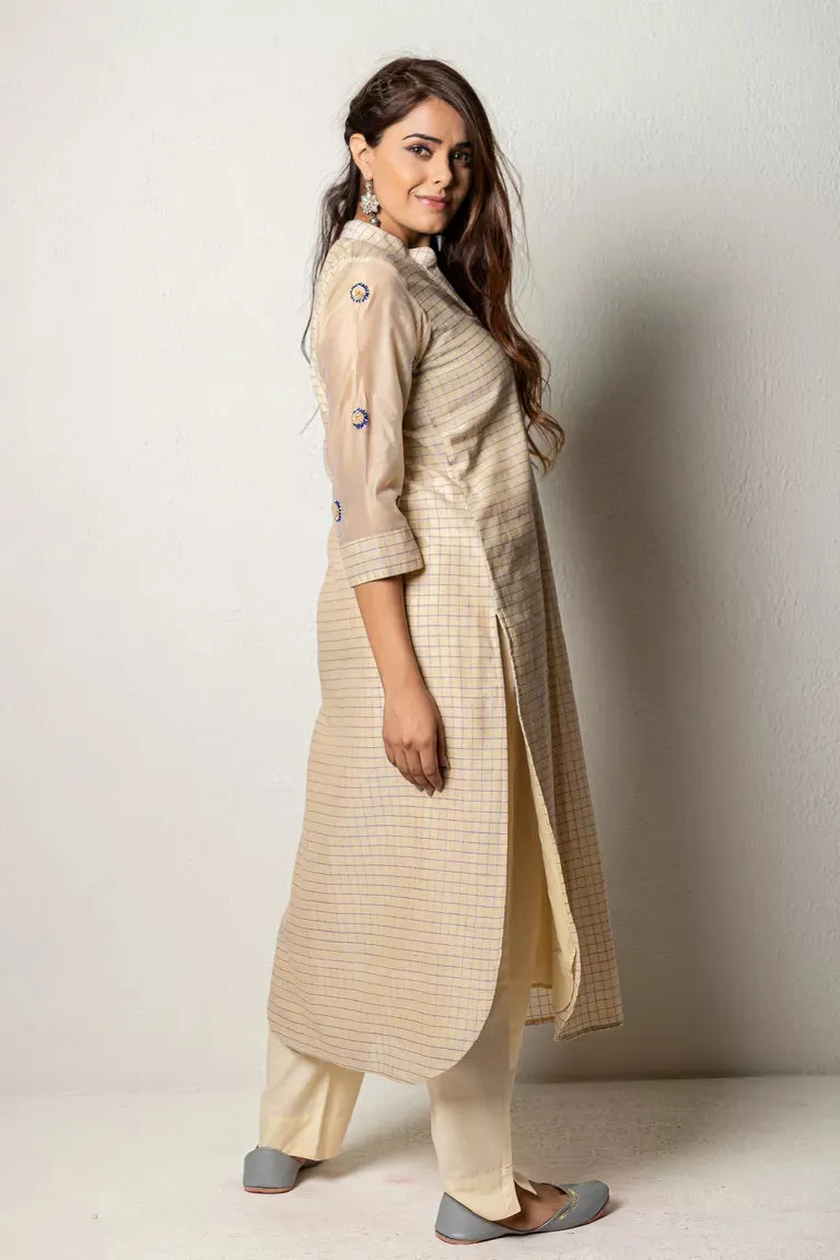 Beige & Purple Chanderi Woven Checked Kurta