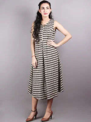 Beige and Black Hand Block Printed Zip And Flared Sleeveless Cotton Dress - D0277006