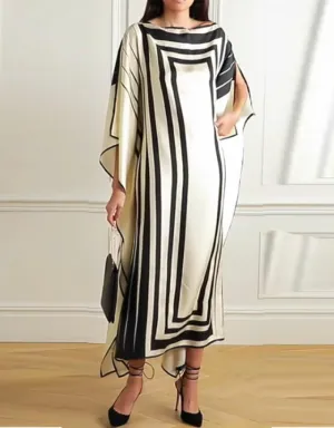 Beige And Black Soft Satin Silk Kaftan