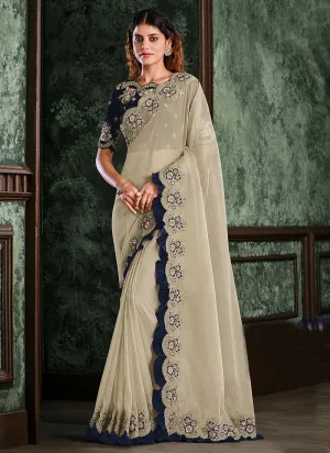 Beige And Blue Multi Embroidered Designer Saree