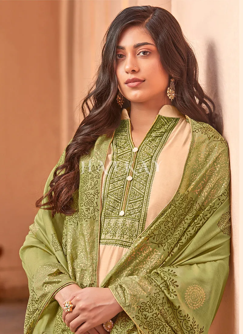 Beige And Green Embroidered Pant Style Salwar Suit