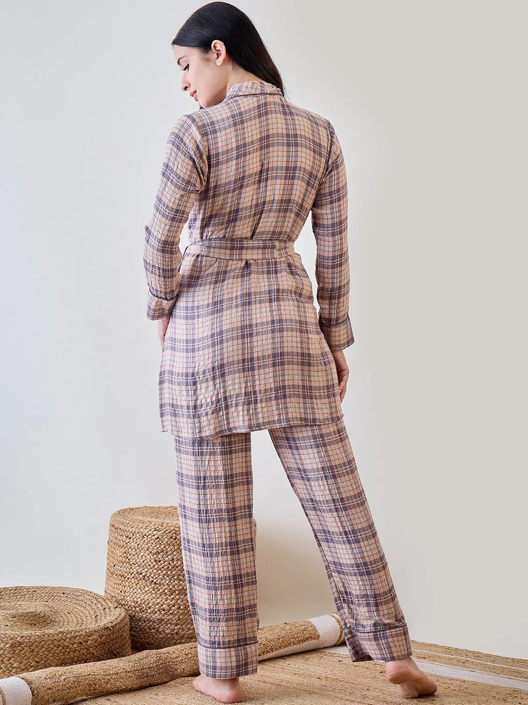 Beige and Grey Checkered Viscose Gownset with Pyjama