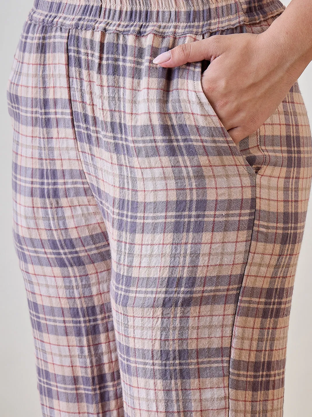 Beige and Grey Checkered Viscose Gownset with Pyjama