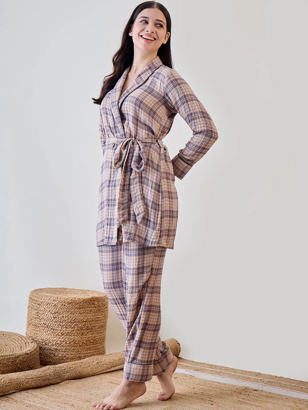 Beige and Grey Checkered Viscose Gownset with Pyjama