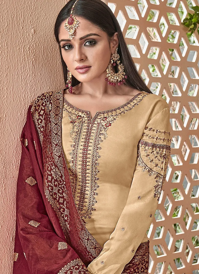 Beige And Maroon Combination Embroidered Palazzo Suit