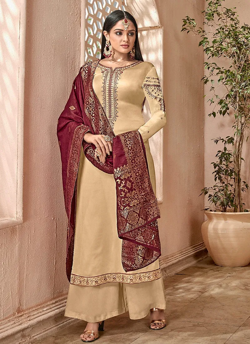 Beige And Maroon Combination Embroidered Palazzo Suit