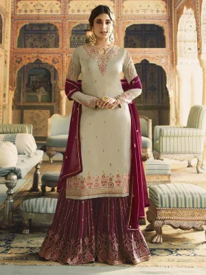 Beige And Maroon Ethnic Embroidered Sharara Suit