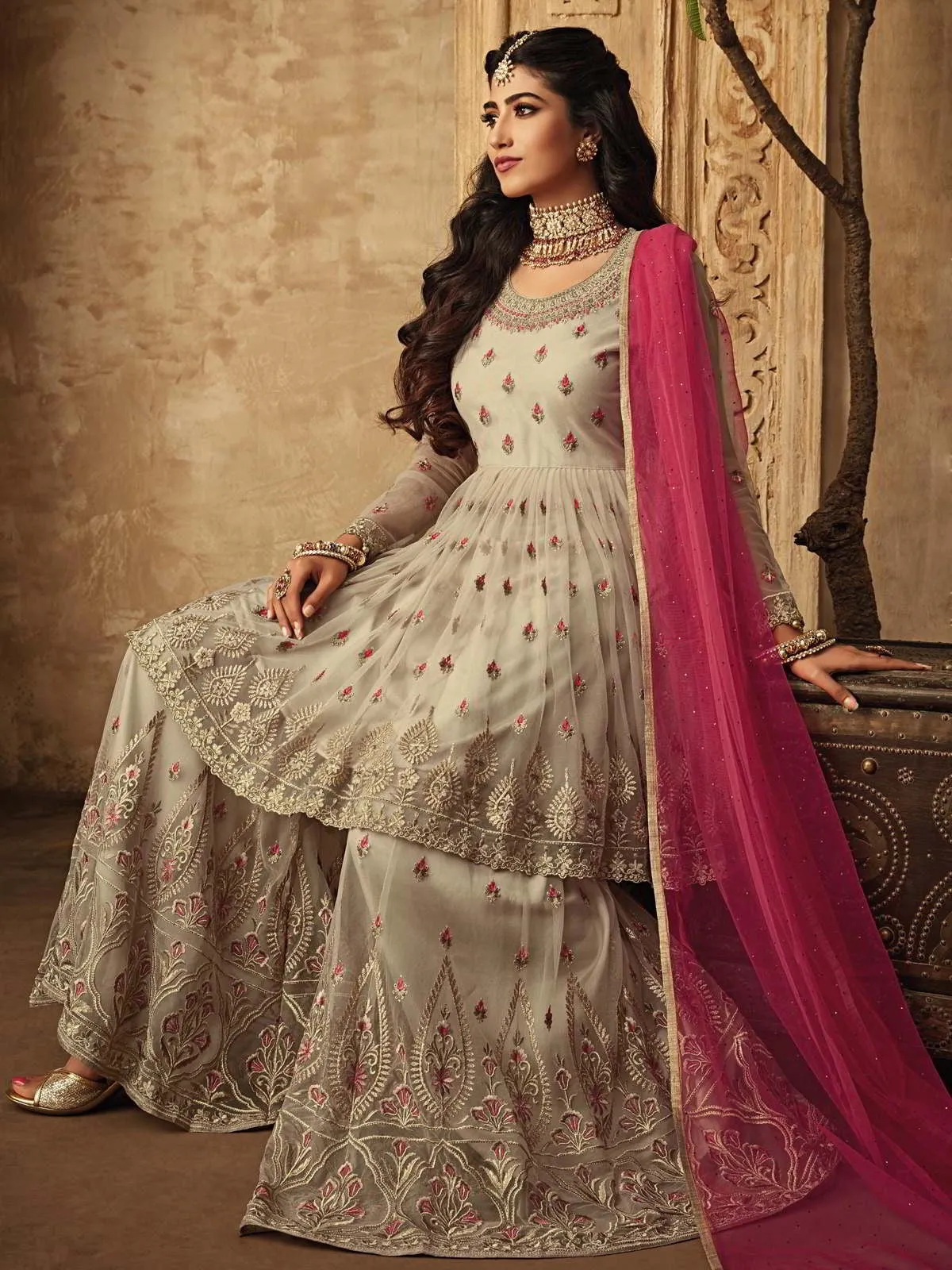 Beige And Pink Multi Zari Embroidered Designer Anarkali Gharara Suit