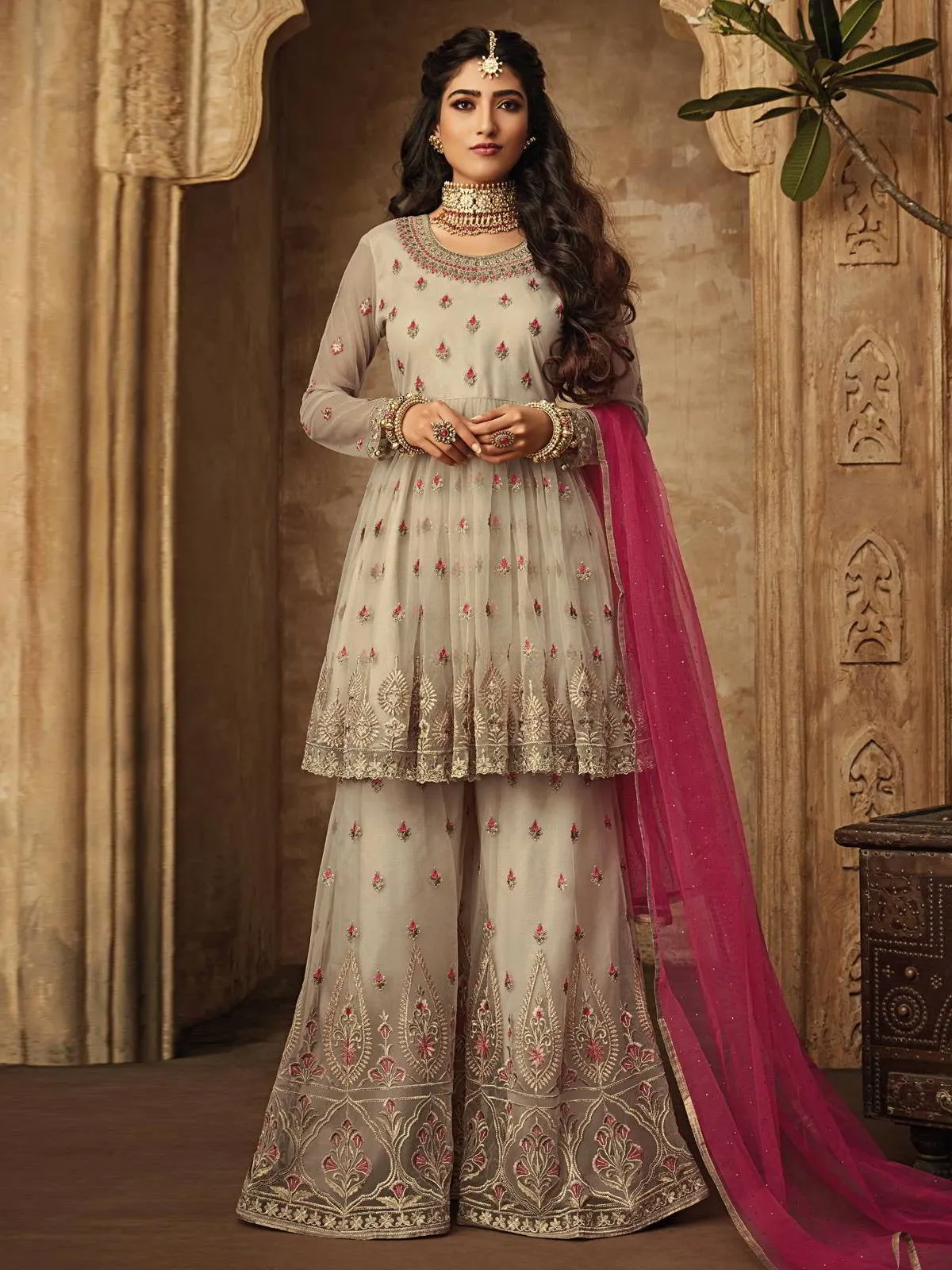 Beige And Pink Multi Zari Embroidered Designer Anarkali Gharara Suit