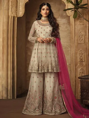 Beige And Pink Multi Zari Embroidered Designer Anarkali Gharara Suit