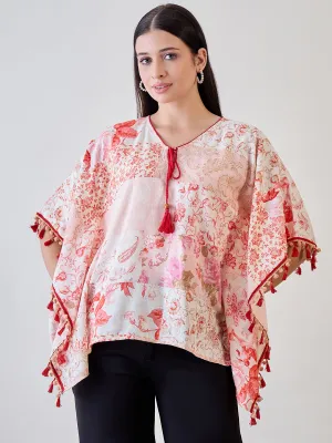 Beige and Red Pom Pom Lace Embellished Cotton Kaftan Top