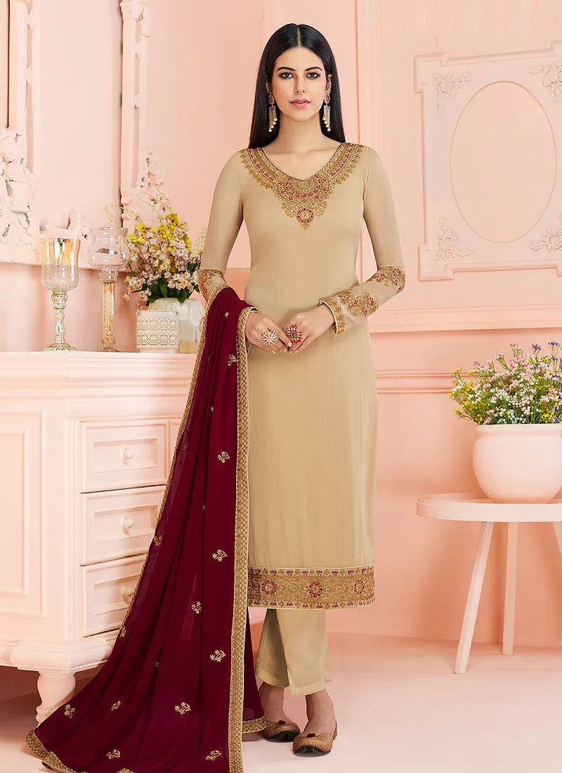 Beige And Red Traditional Embroidered Pant Style Suit