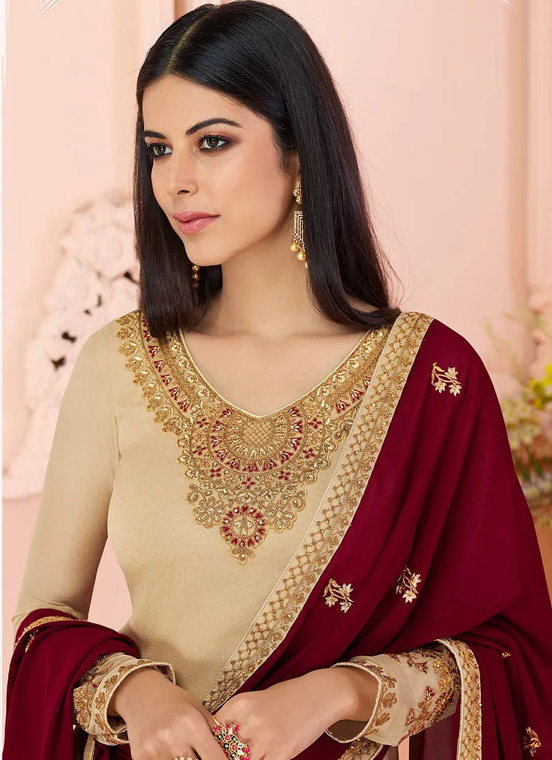 Beige And Red Traditional Embroidered Pant Style Suit