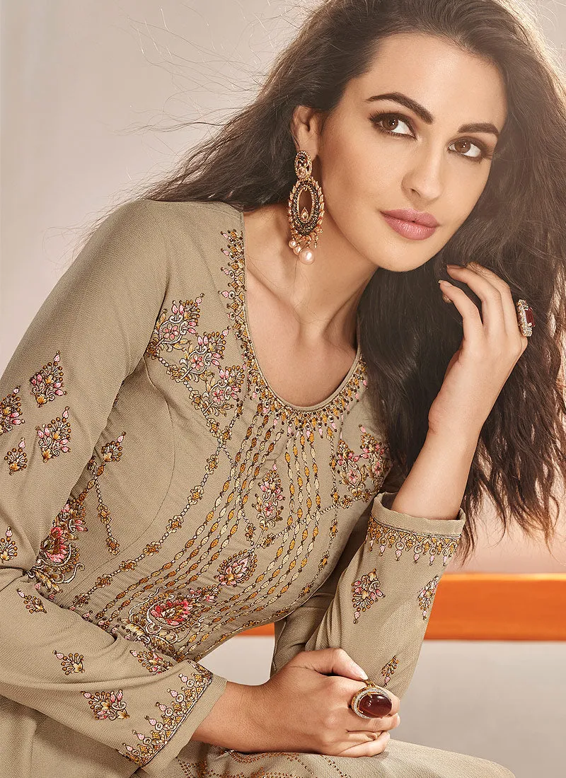 Beige And Yellow Traditional Embroidered Anarkali Suit