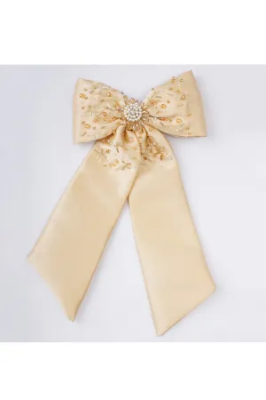 Beige Beads Embellished Satin Bow Hairclip