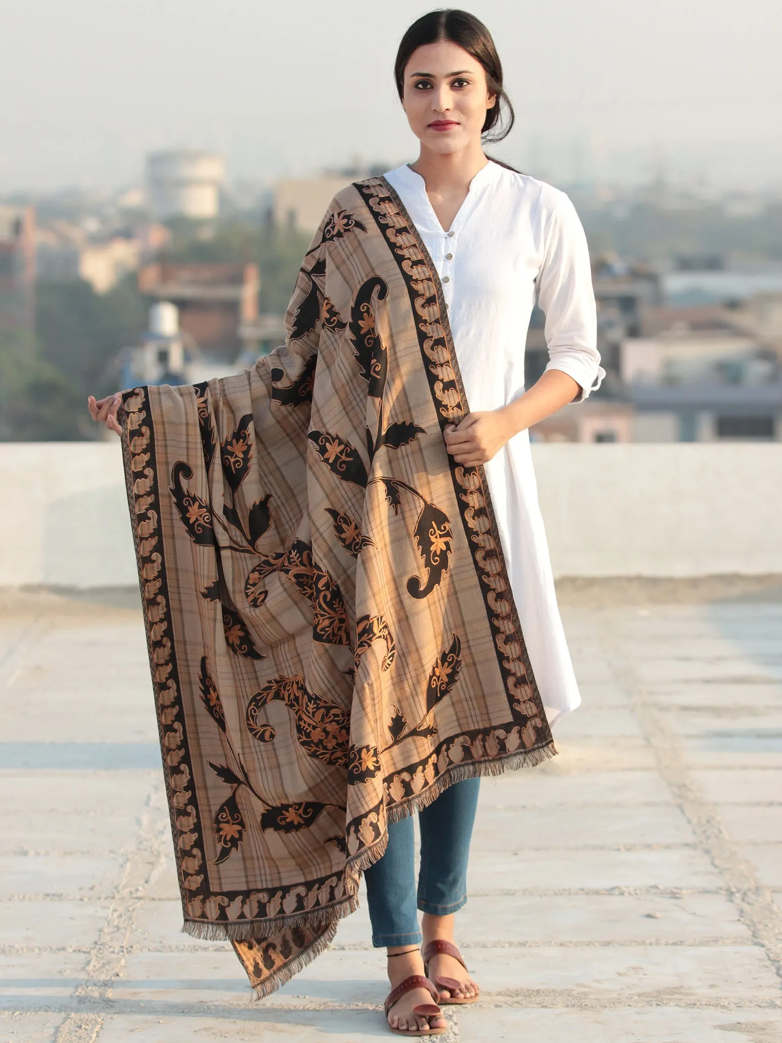 Beige Black Aari Embroidered Pure Wool Self Check Kashmiri Shawl - S200512