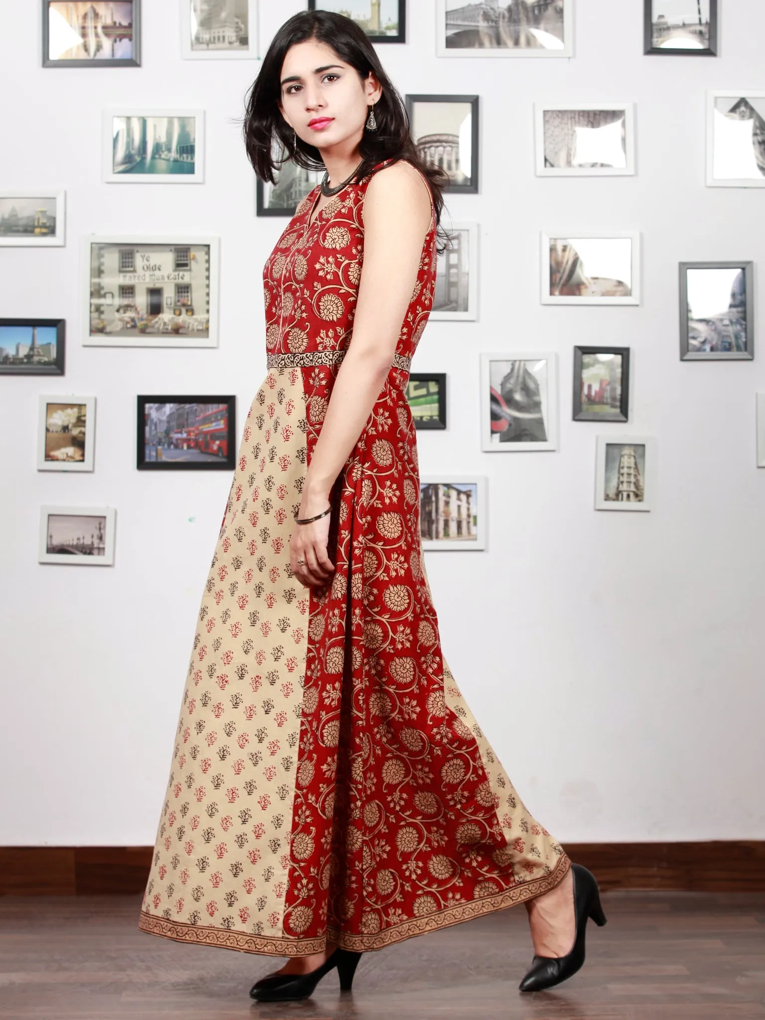 Beige Black Maroon Bagh Printed Cotton Panel Long Sleevless Dress  - D295F1706