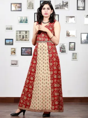 Beige Black Maroon Bagh Printed Cotton Panel Long Sleevless Dress  - D295F1706