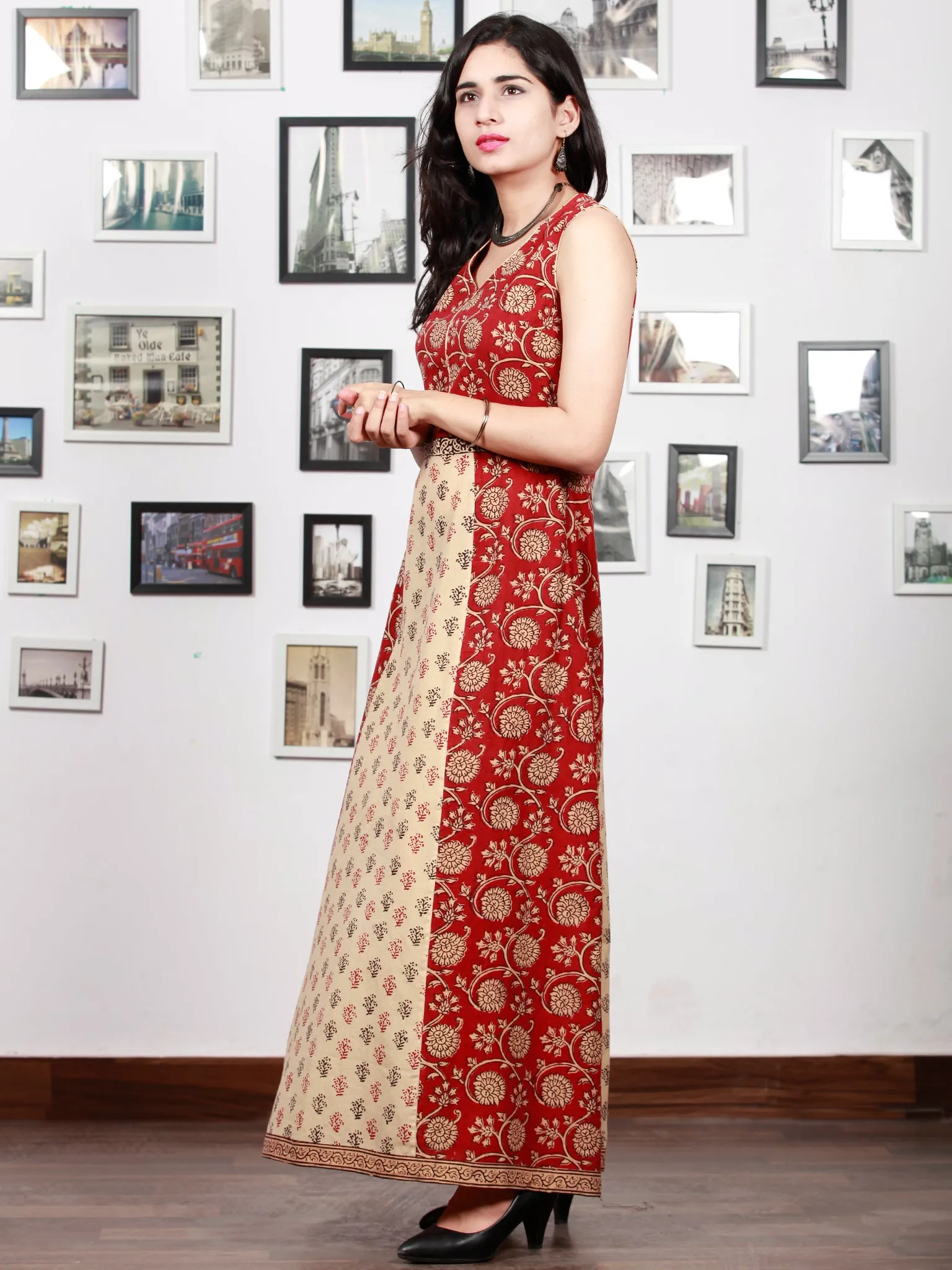 Beige Black Maroon Bagh Printed Cotton Panel Long Sleevless Dress  - D295F1706