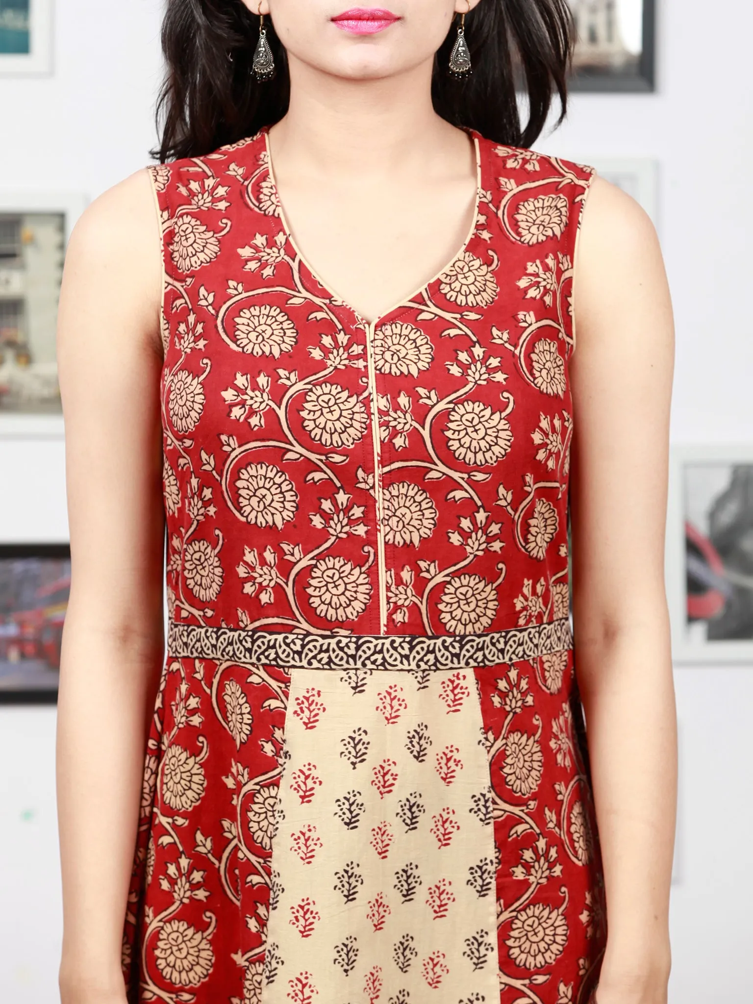 Beige Black Maroon Bagh Printed Cotton Panel Long Sleevless Dress  - D295F1706