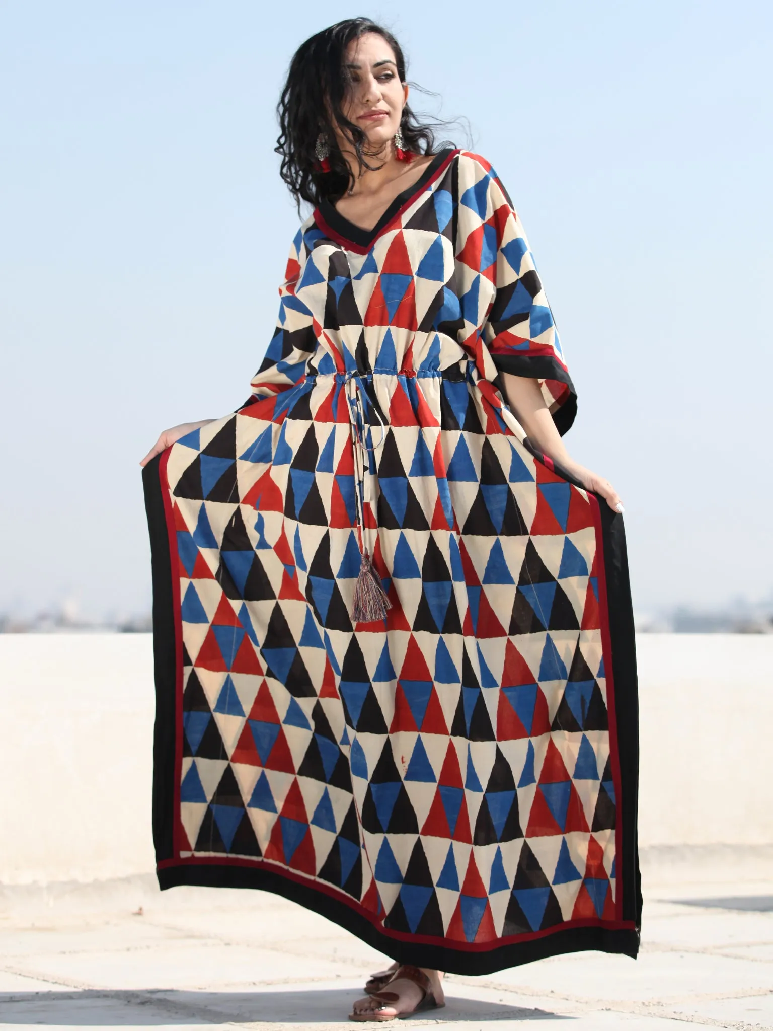 Beige Blue Black Hand Block Printed Kaftan - K129F1010