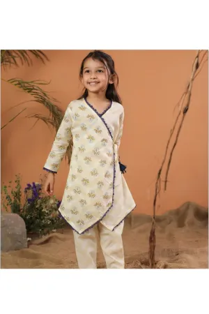 Beige Blue Floral Cotton Printed Angarkha Style Kurta With Balloon Pant Set